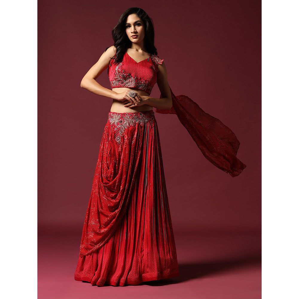 "Two Sisters" by Gyans Red Georgette Draped Blouse & Lehenga (Set of 2)