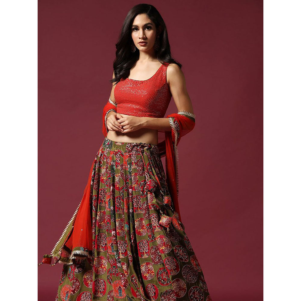 "Two Sisters" by Gyans Red And Olive Blouse & Lehenga with Dupatta (Set of 3)