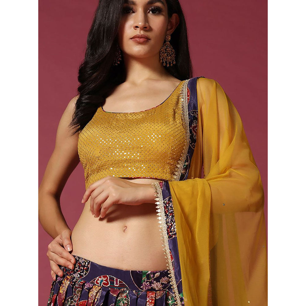 "Two Sisters" by Gyans Mustard And Purple Printed Blouse & Lehenga with Dupatta (Set of 3)