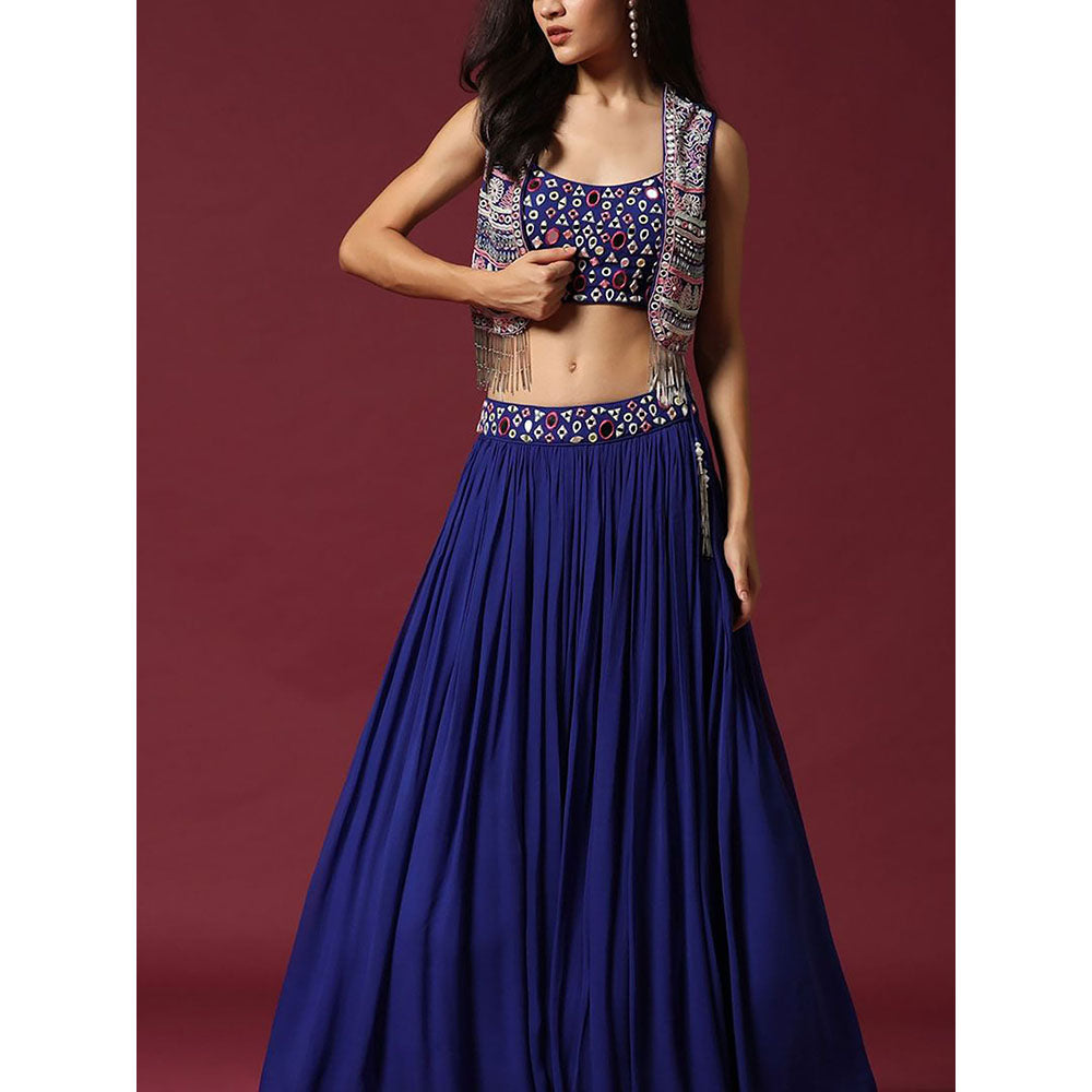 "Two Sisters" by Gyans Blue Mirror Work Blouse & Lehenga with Cape (Set of 3)