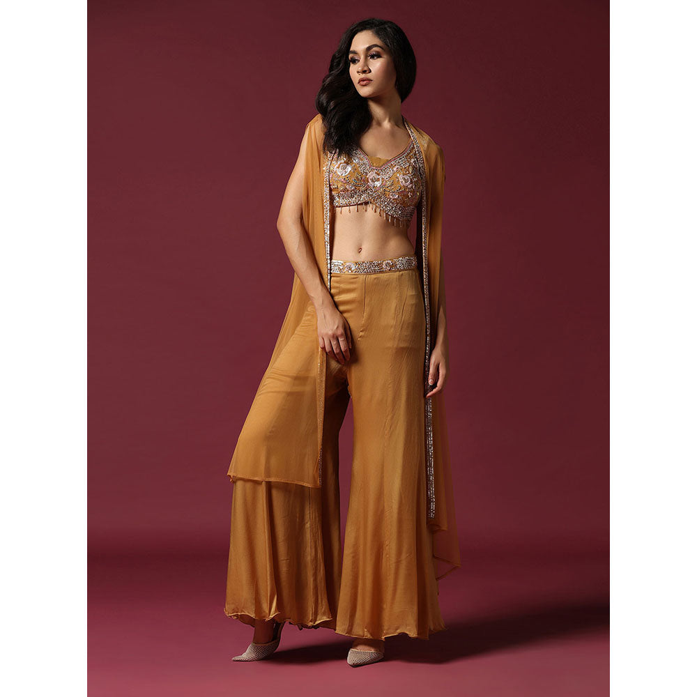 "Two Sisters" by Gyans Gold Embroidered Blouse with Cape & Palazzo (Set of 3)