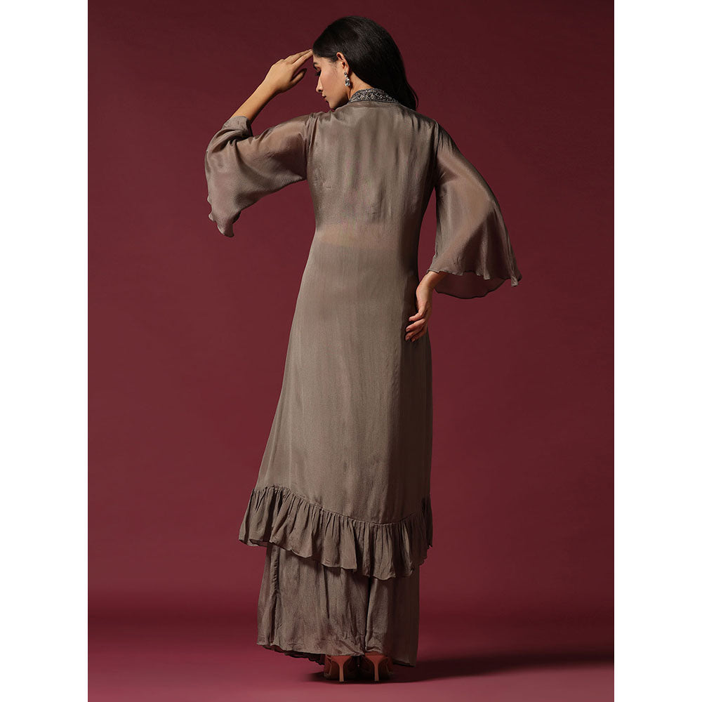 "Two Sisters" by Gyans Grey Hand Embroidered Blouse with Jacket & Lehenga (Set of 3)