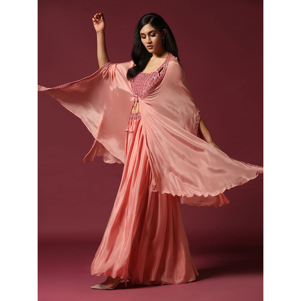 "Two Sisters" by Gyans Peach Embroidered Blouse with Cape & Lehenga (Set of 3)