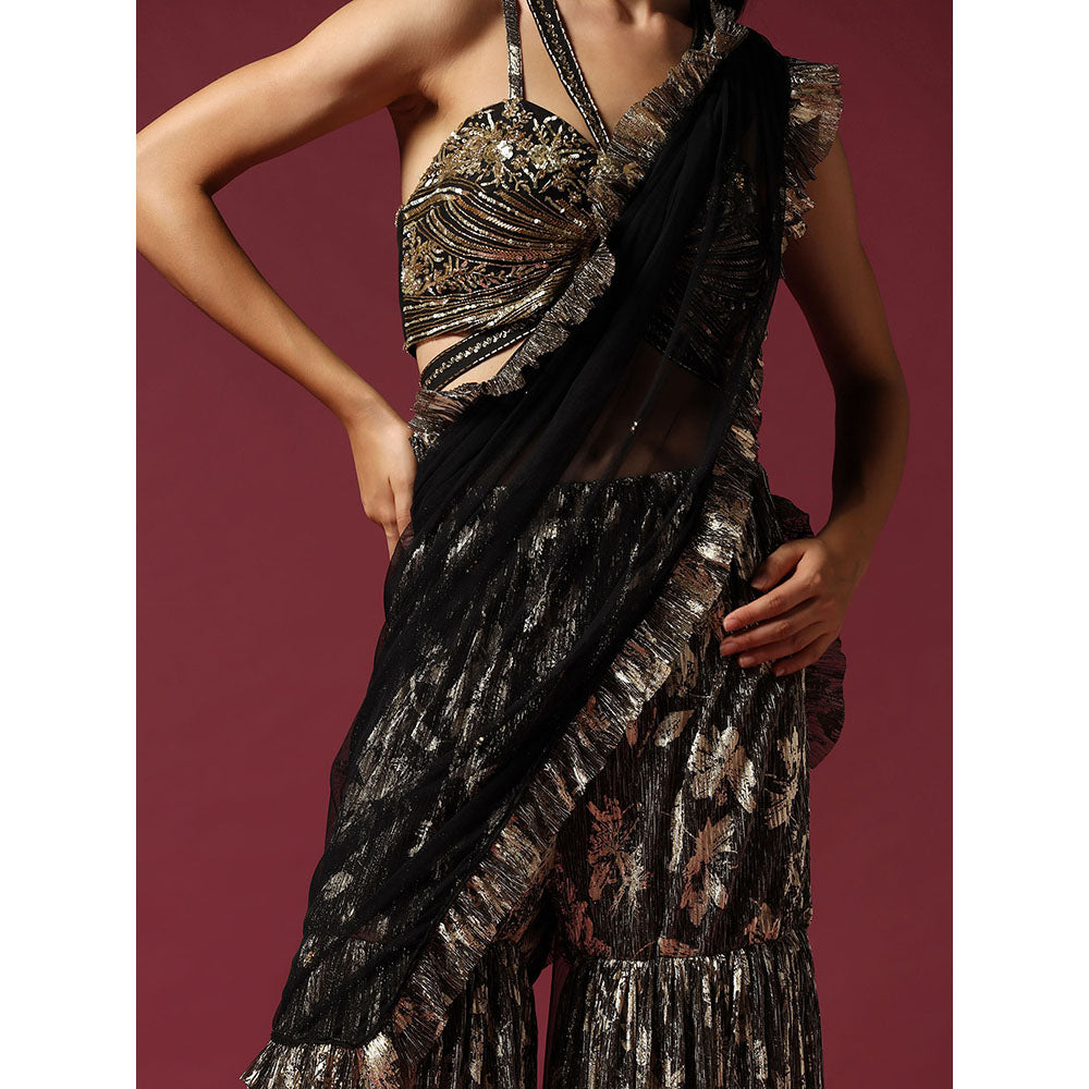"Two Sisters" by Gyans Black & Gold Drape Saree with Embroidered Stitched Blouse