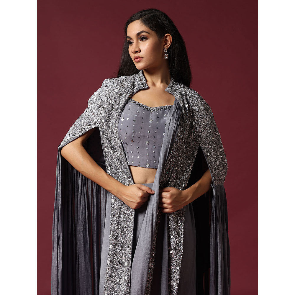 "Two Sisters" by Gyans Grey Cape & Draped Saree with Stitched Blouse
