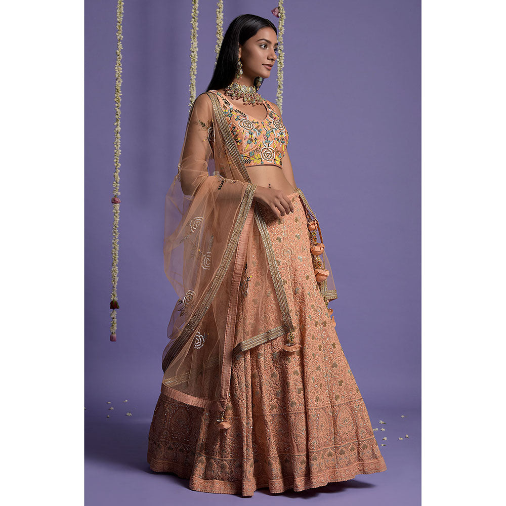 "Two Sisters" by Gyans Dusky Peach Embroidered Blouse & Lehenga with Dupatta (Set of 3)