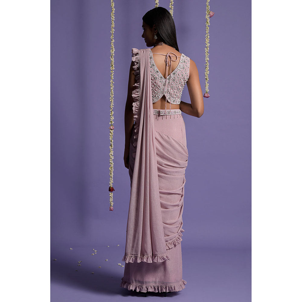 "Two Sisters" by Gyans Onion Pink Blouse & Pre-Draped Saree Set with Belt