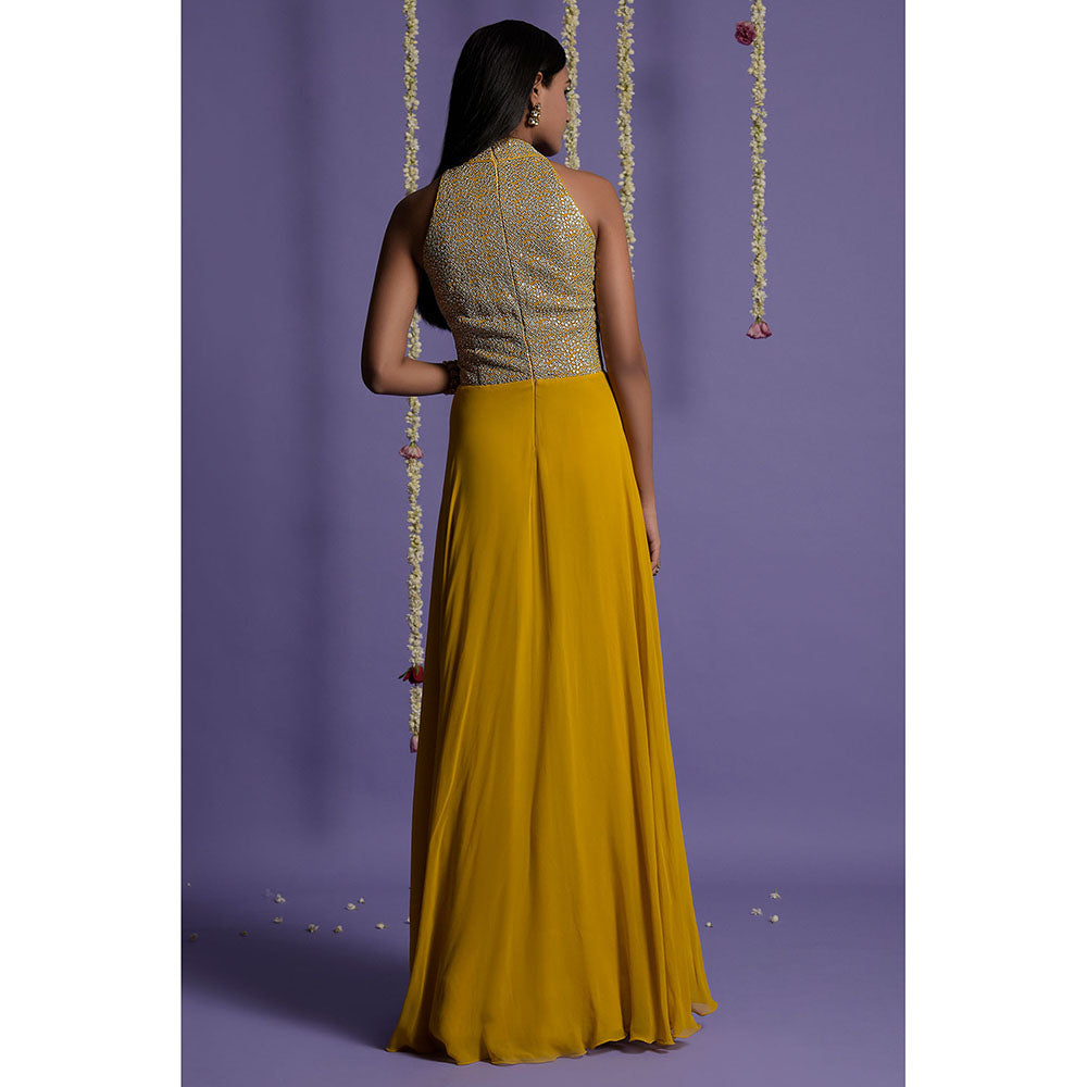 "Two Sisters" by Gyans Mustard Embellished Georgette Anarkali Kurta & Dupatta (Set of 2)