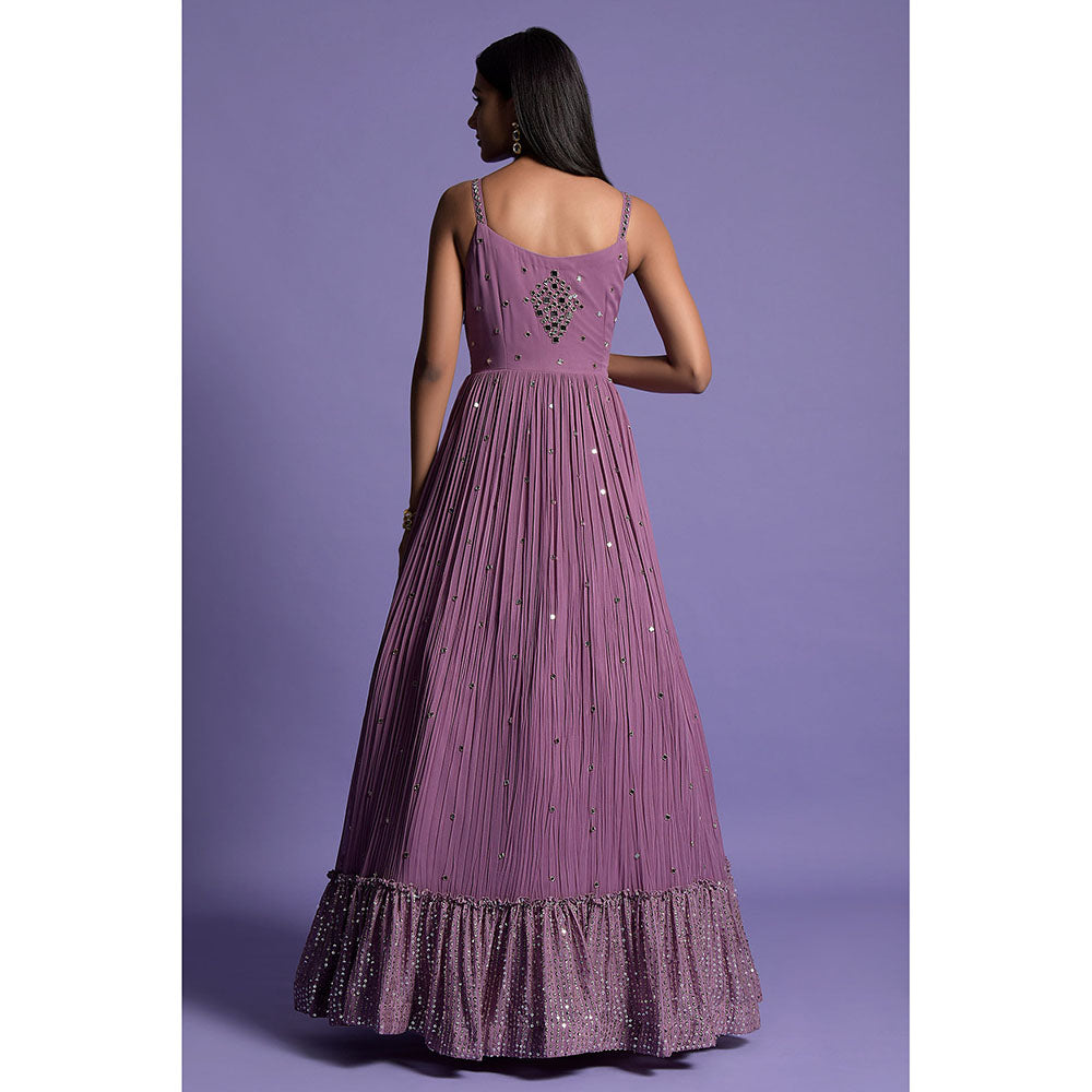 "Two Sisters" by Gyans Dark Purple Georgette Mirror Work Anarkali Kurta & Dupatta (Set of 2)