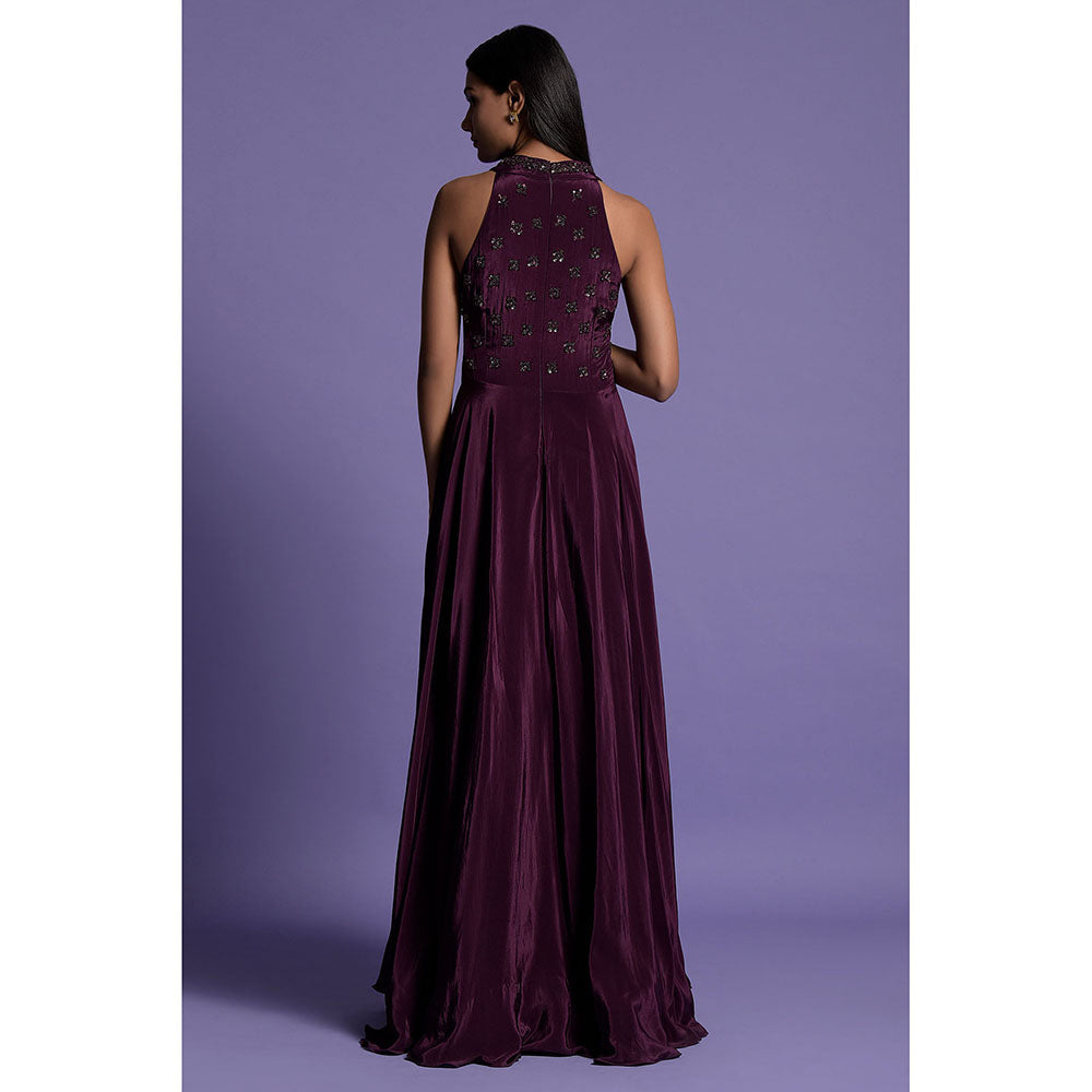 "Two Sisters" by Gyans Purple Embroidered Crepe Anarkali Kurta & Dupatta (Set of 2)