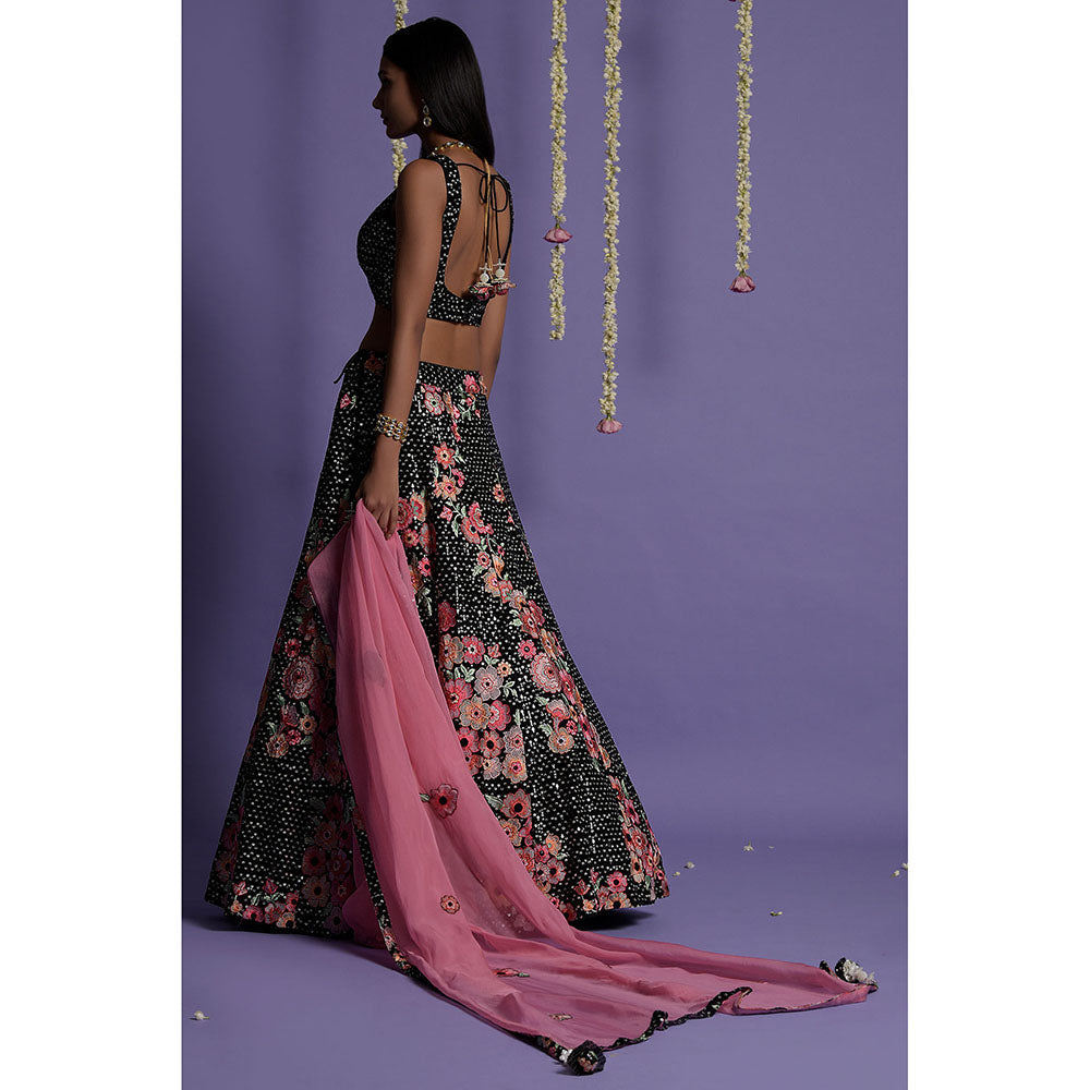 "Two Sisters" by Gyans Black Georgette Embroidered Blouse & Lehenga with Dupatta (Set of 3)