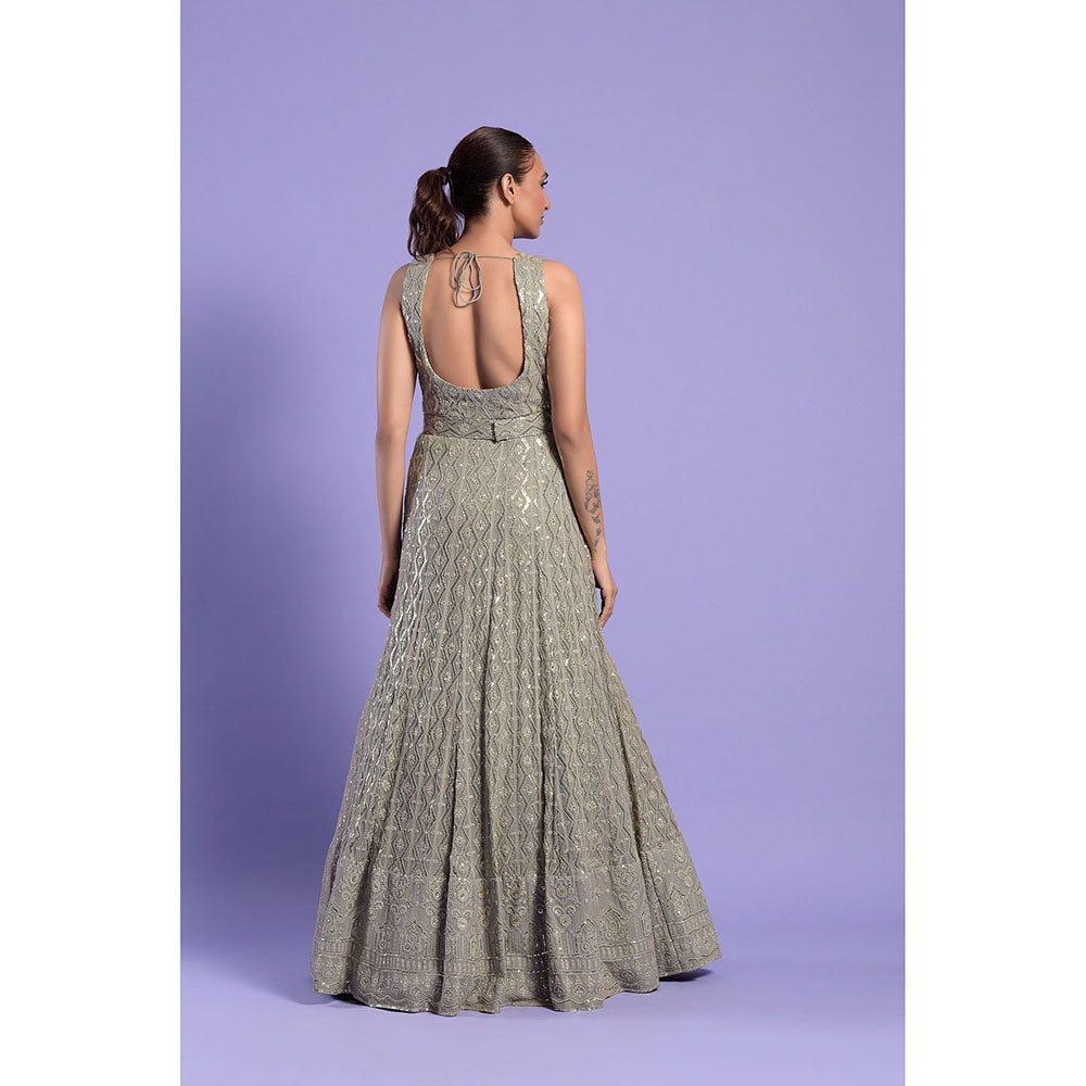 "Two Sisters" by Gyans Grey Embellished Georgette Chikankari Dress & Belt (Set of 2)