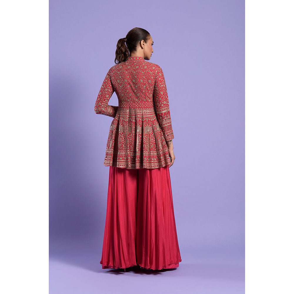 "Two Sisters" by Gyans Red Georgette Kurti, Dupatta with Sharara & Belt (Set of 4)