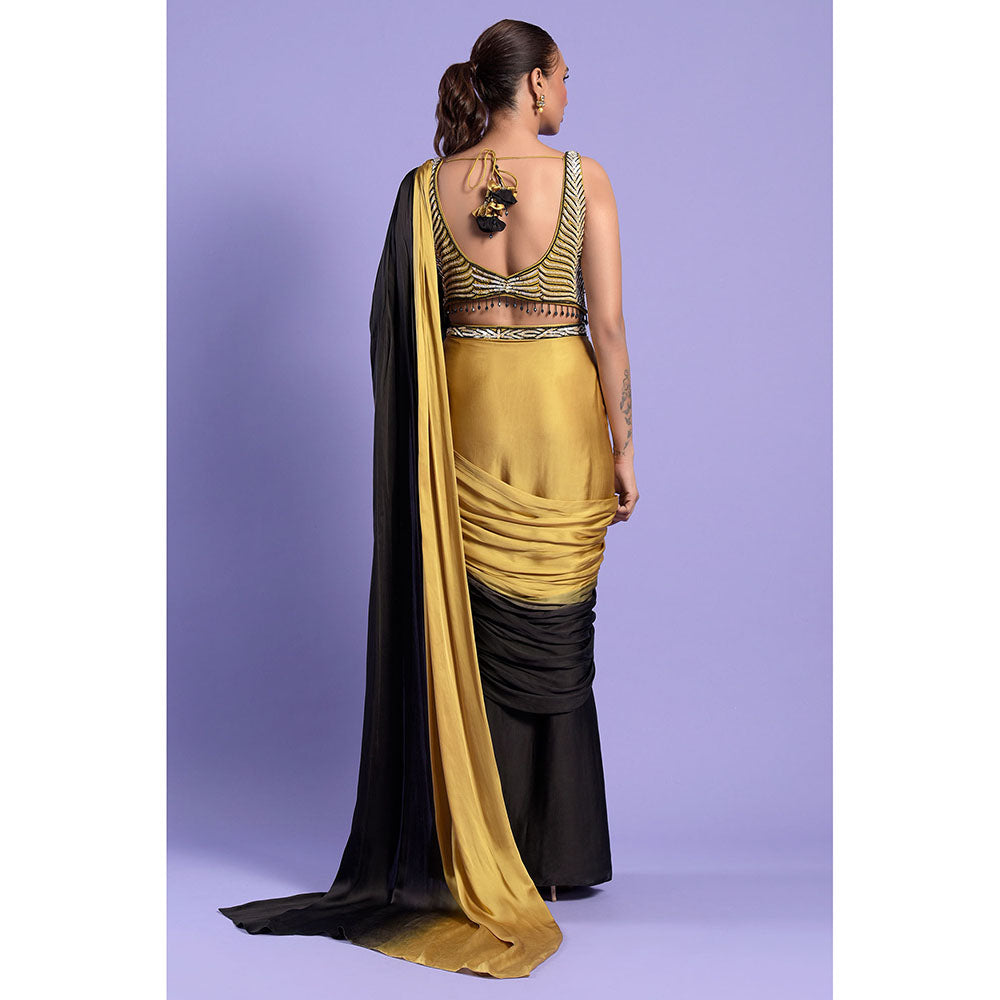 "Two Sisters" by Gyans Gold & Black Pre-Stitched Blouse with Pre-Draped Saree
