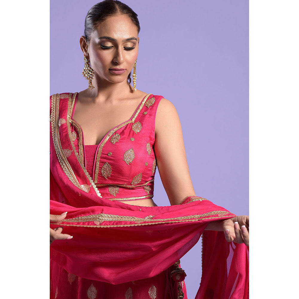 "Two Sisters" by Gyans Fuchsia Pink Banarasi Zari Blouse & Lehenga with Dupatta (Set of 3)