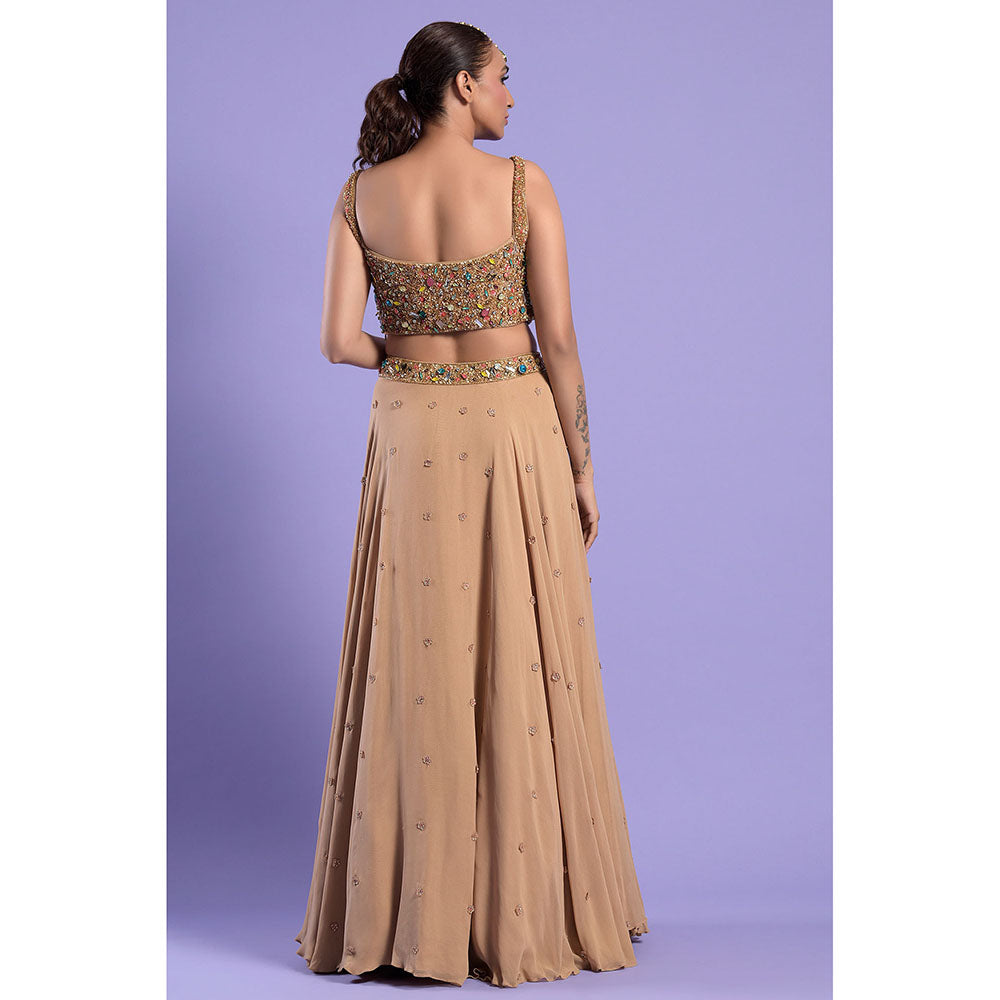 "Two Sisters" by Gyans Gold Georgette Jewelled Blouse & Lehenga with Dupatta (Set of 3)