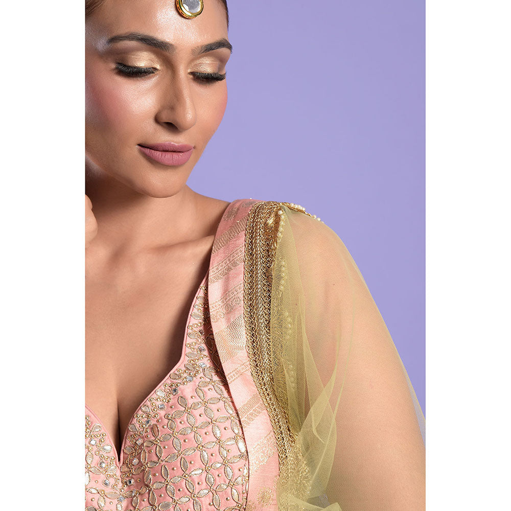 "Two Sisters" by Gyans Pink & Green Gota Patti & Zari Blouse & Lehenga with Dupatta (Set of 3)