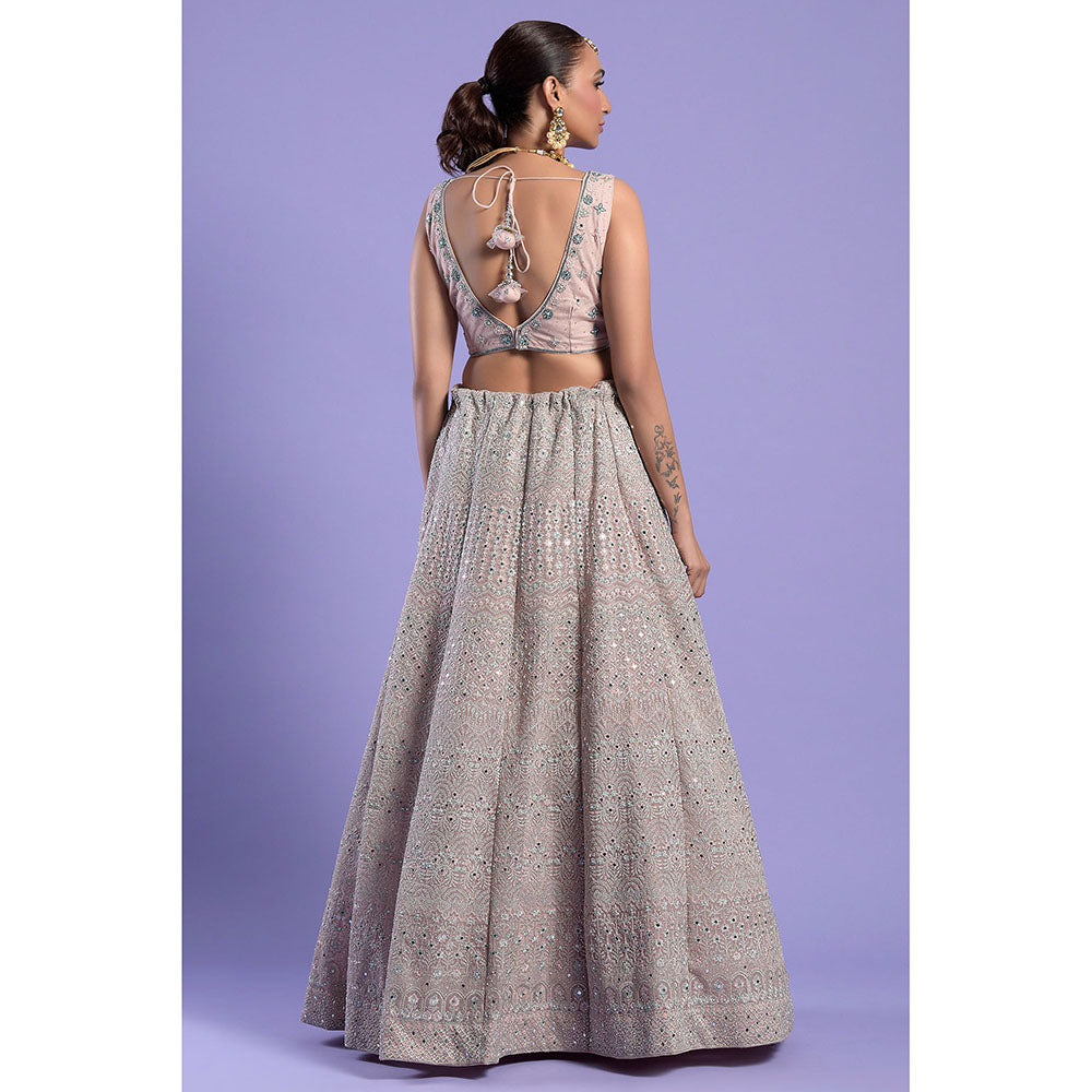 "Two Sisters" by Gyans Soft Pink & Blue Embellished Blouse & Lehenga with Dupatta (Set of 3)