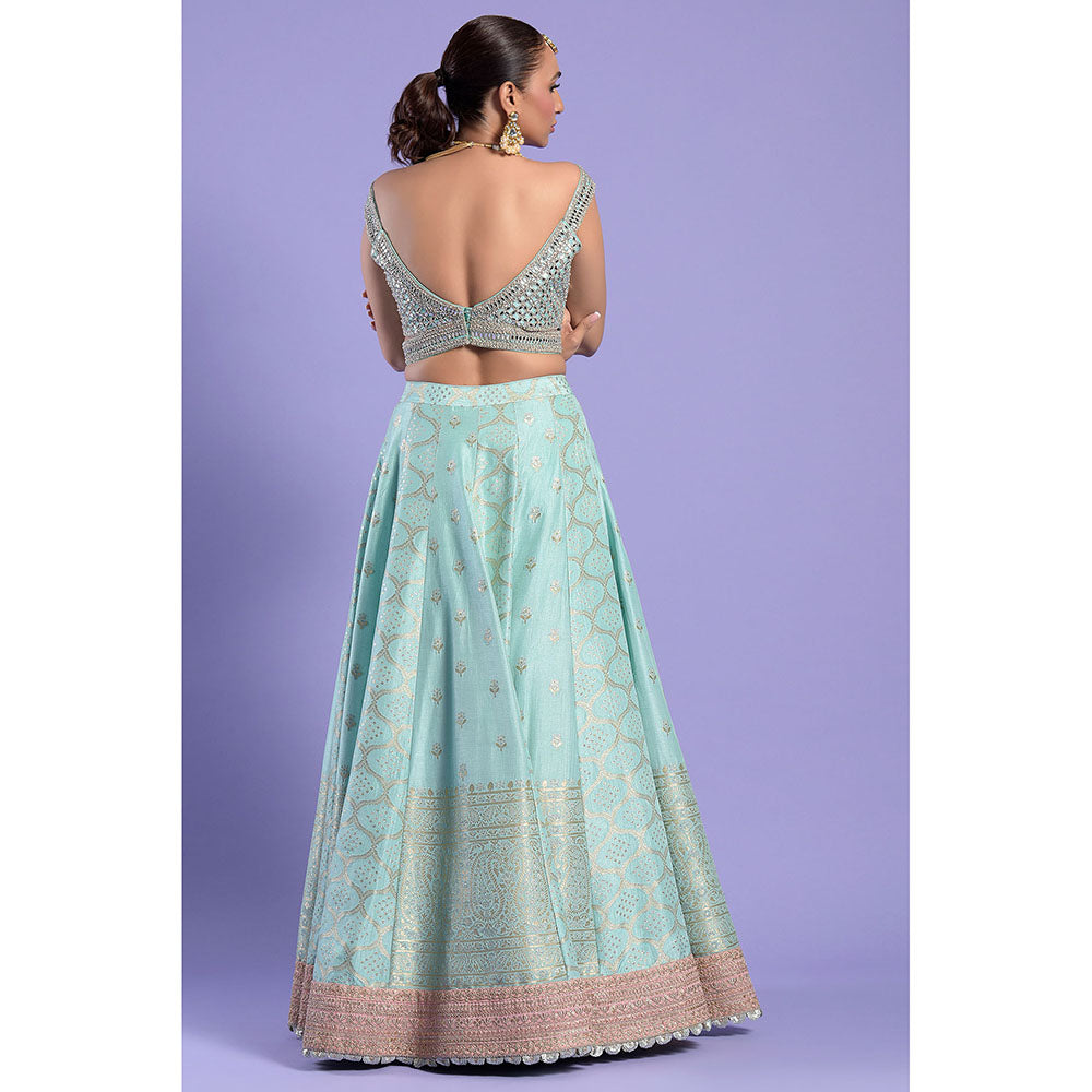 "Two Sisters" by Gyans Turquoise Embellished Banarasi Blouse & Lehenga with Dupatta (Set of 3)