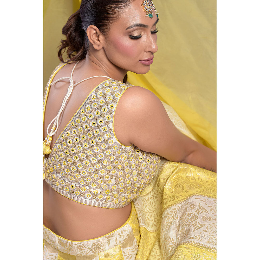"Two Sisters" by Gyans Yellow & Ivory Mirror Work Blouse & Lehenga with Dupatta (Set of 3)