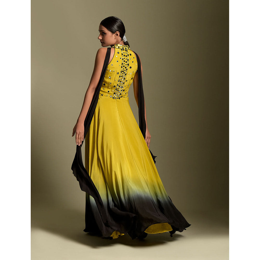 "Two Sisters" by Gyans Yellow And Black Crepe Anarkali Kurta & Dupatta (Set of 2)