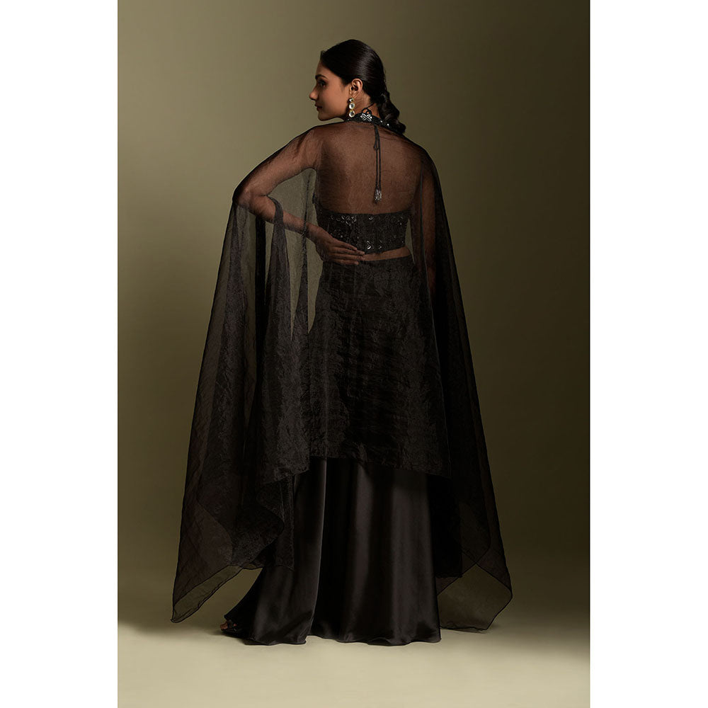 "Two Sisters" by Gyans Black Organza Crop Top with Cape & Skirt (Set of 3)