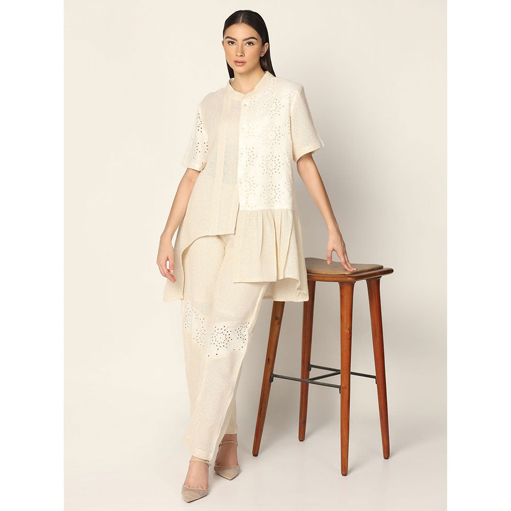 "Two Sisters" by Gyans Off-White Asymmetrical Cotton Co-Ord (Set of 2)