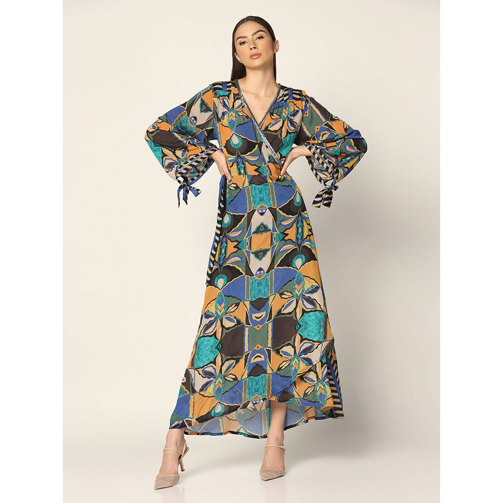 "Two Sisters" by Gyans Blue Printed Crepe Wrap Around Dress