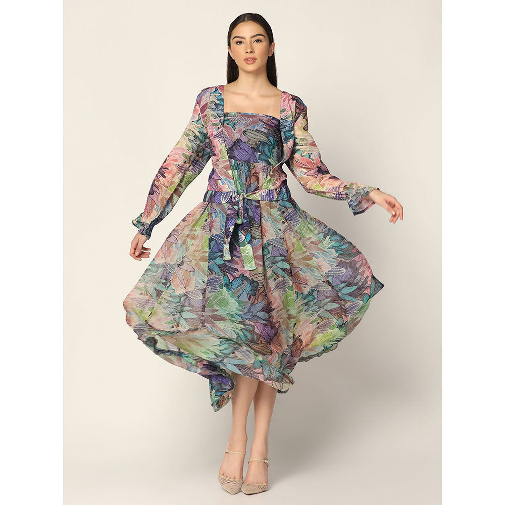 "Two Sisters" by Gyans English Summer Hued Printed Dress with A Tie Shrug In Crepe (Set of 2)