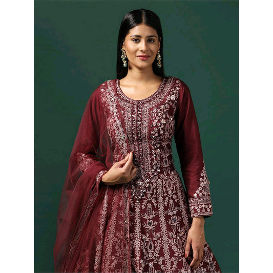 "Two Sisters" by Gyans Maroon Embroidered Anarkali with Dupatta (Set of 2)