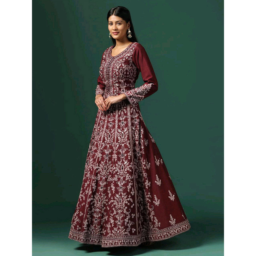 "Two Sisters" by Gyans Maroon Embroidered Anarkali with Dupatta (Set of 2)