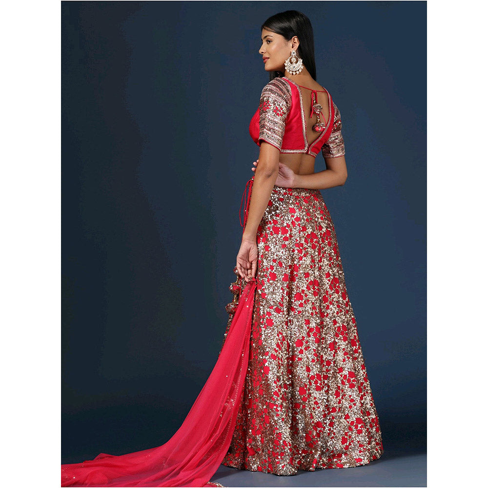 "Two Sisters" by Gyans Rani Pink Embellished Lehenga with Blouse and Dupatta (Set of 3)