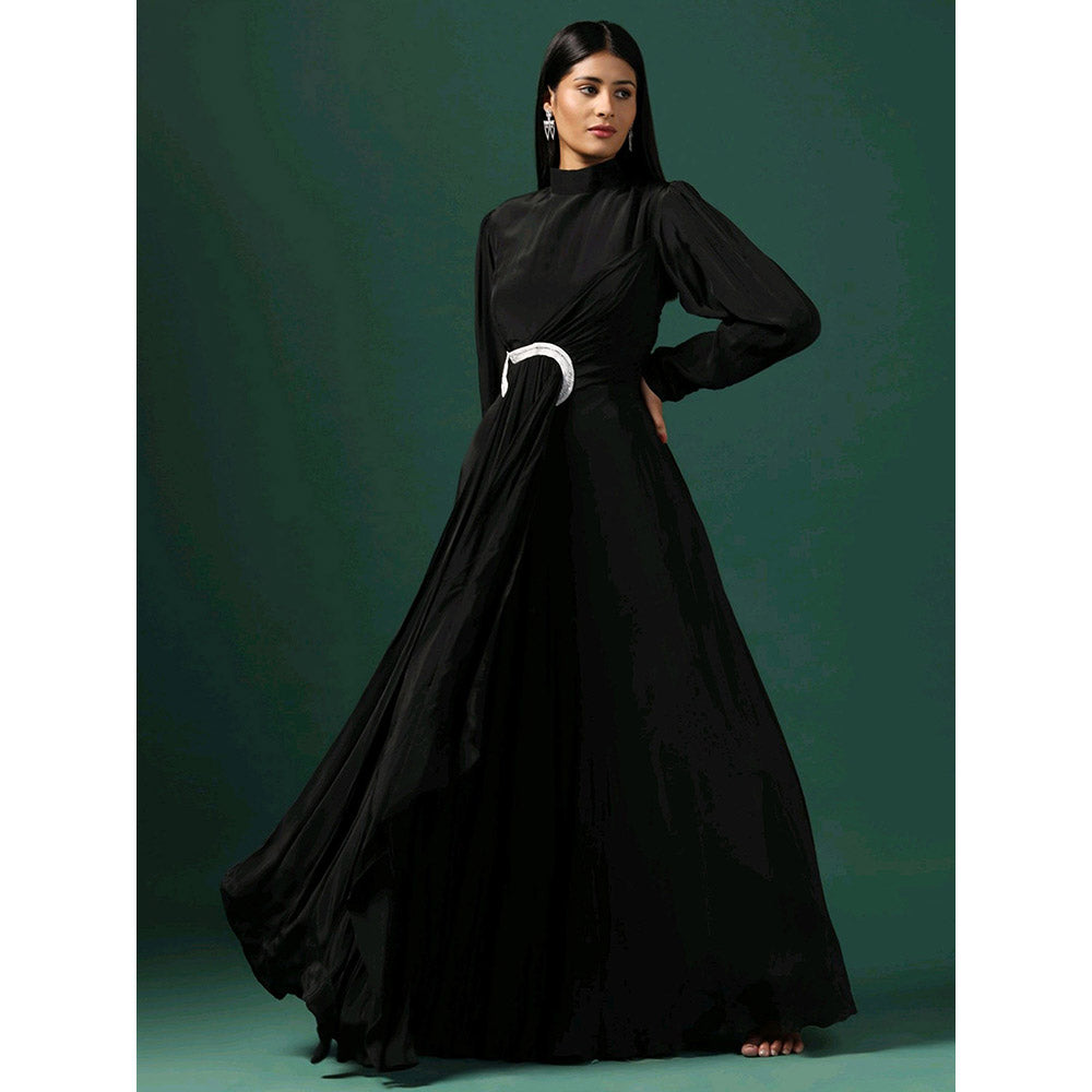 "Two Sisters" by Gyans Black Draped Gown with Pearl and Crystal Motif