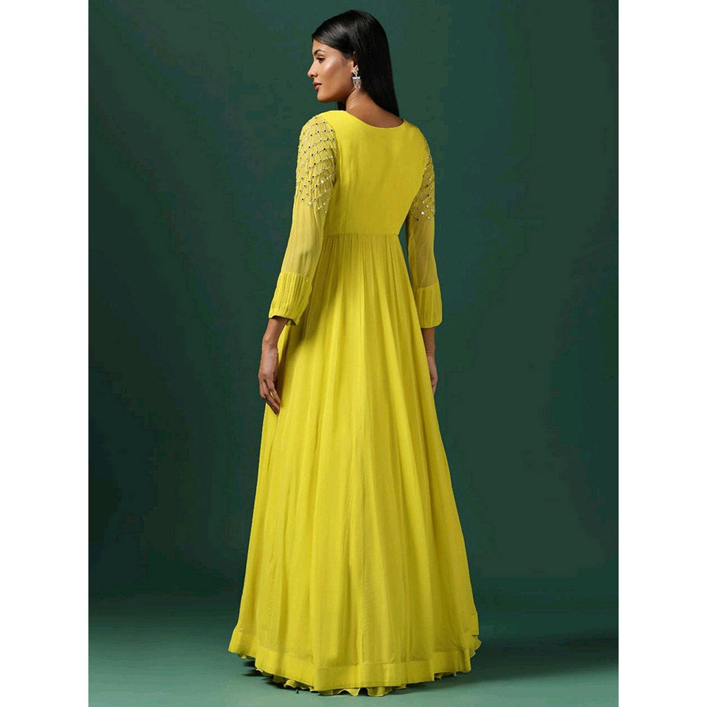 "Two Sisters" by Gyans Yellow Anarkali with Embroidered Cape (Set of 2)