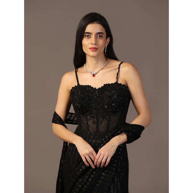 "Two Sisters" by Gyans Black Embroidered Pre-Draped Saree with Corset Top