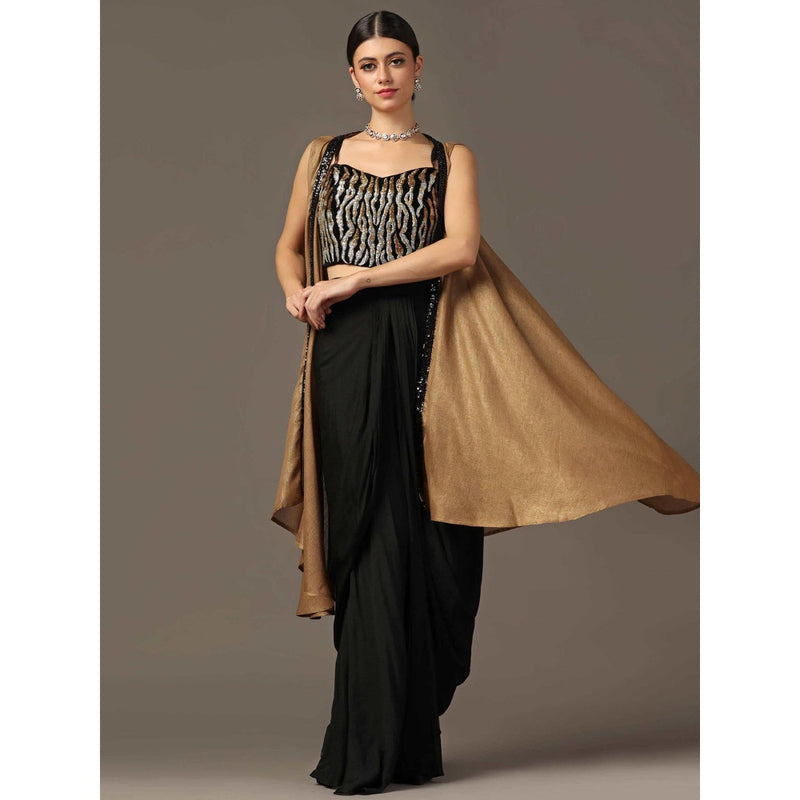 "Two Sisters" by Gyans Antique Gold Embroidered Bustier with Skirt and Cape (Set of 3)