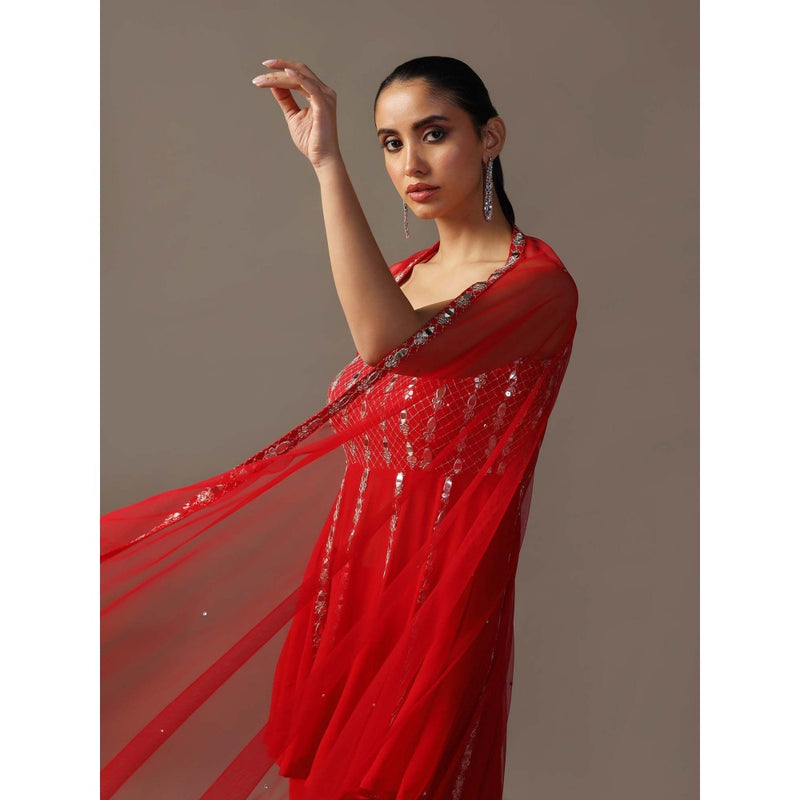 "Two Sisters" by Gyans Red Mirrorwork Sharara with Peplum Top and Dupatta (Set of 3)