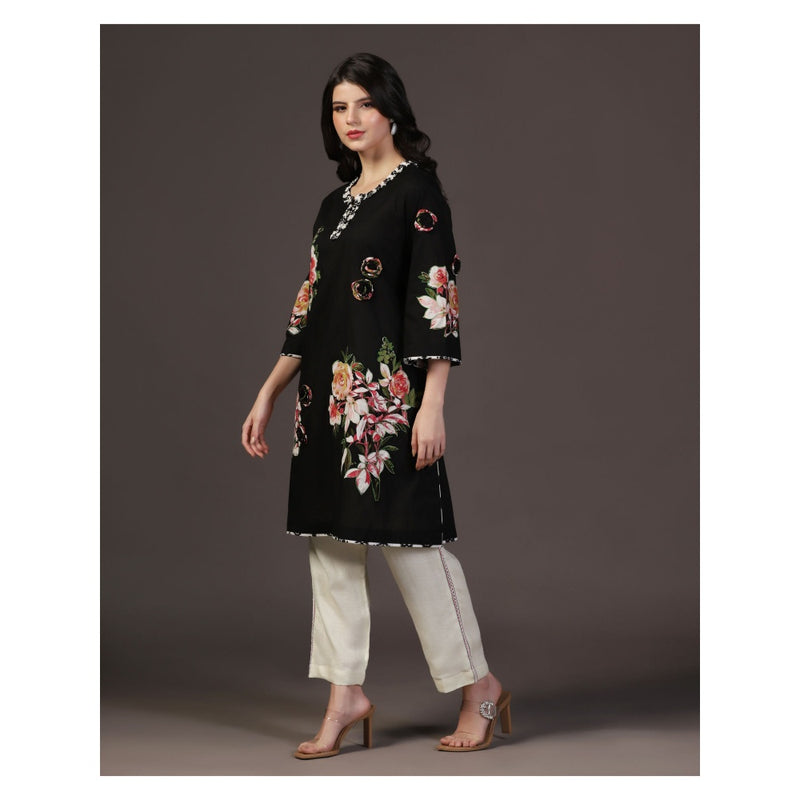 "Two Sisters" by Gyans Black 3D Shadow Floral & Applique Work Kurti With Pant (Set of 2)