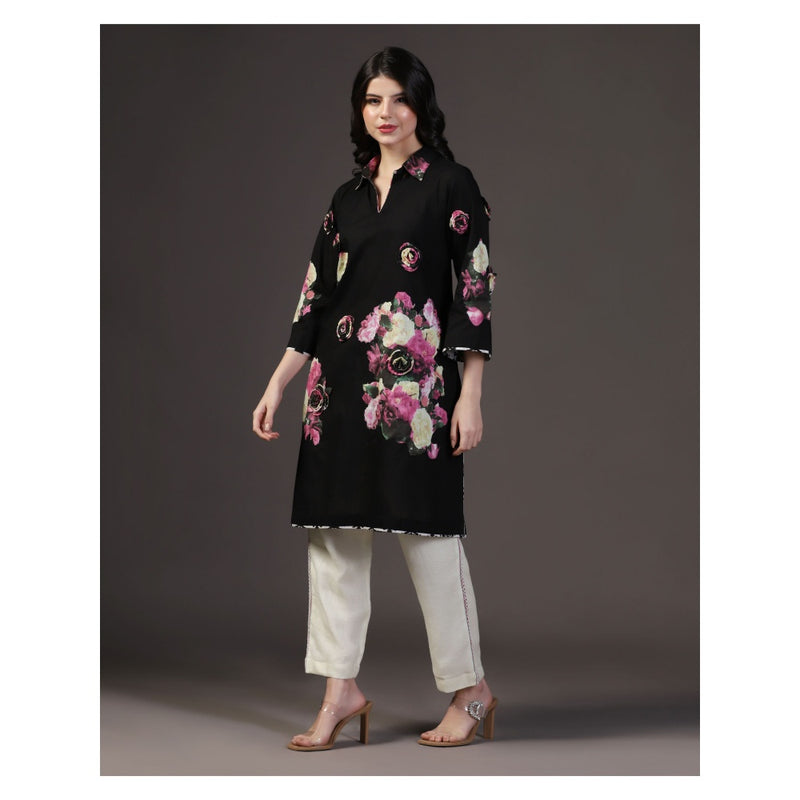 "Two Sisters" by Gyans Black 3 D Floral Applique Cotton Kurti With Pant (Set of 2)