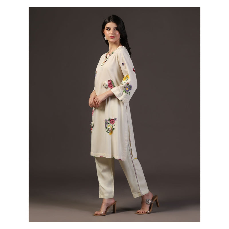 "Two Sisters" by Gyans White Whisper 3D Applique Printed Kurti With Pant (Set of 2)