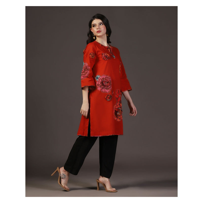 "Two Sisters" by Gyans Ruby Rhapsody Red Applique Printed Kurti With Pant (Set of 2)