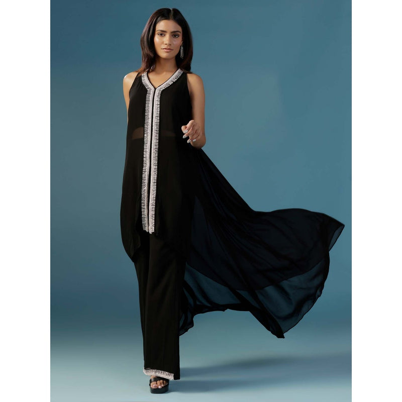 "Two Sisters" by Gyans Black Halter Georgette Hand Embroidery Cut Daba Co-Ord (Set of 2)