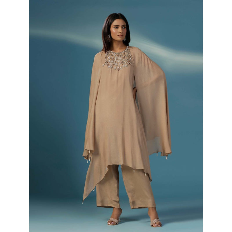 "Two Sisters" by Gyans Golden Shimmer Georgette Cape Nakshi Zardozi Kurta with Pant (Set of 2)