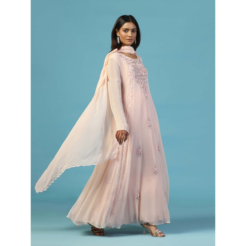 "Two Sisters" by Gyans Pink Georgette Anarkali Kurta With Churidar Pant and Dupatta (Set of 3)