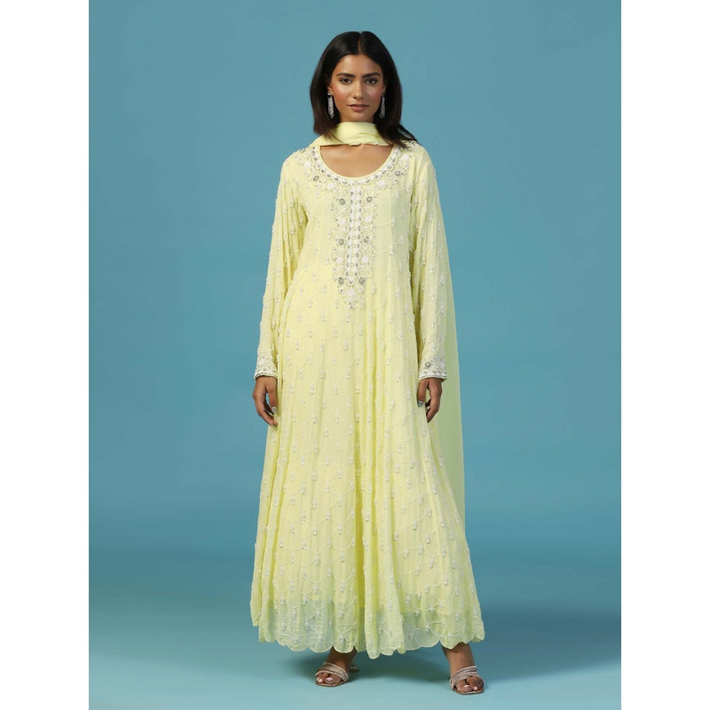 "Two Sisters" by Gyans Lemon Yellow Anarkali Kurta With Churidar Pant and Dupatta (Set of 3)