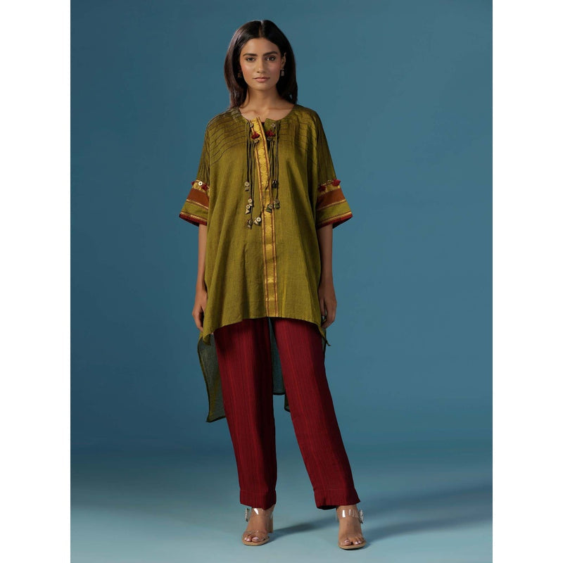 "Two Sisters" by Gyans Green Wine Cotton Lace Detail Dories Kurti with Pant (Set of 2)