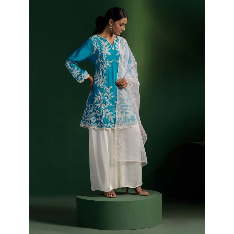 "Two Sisters" by Gyans Blue Silk White Satin Kurta with Palazzo and Organza Dupatta (Set of 3)