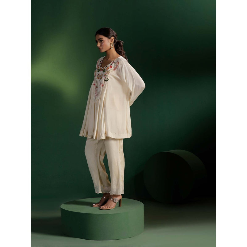 "Two Sisters" by Gyans Ivory Resham Thread Stone Embroidery Kurti with Pant (Set of 2)