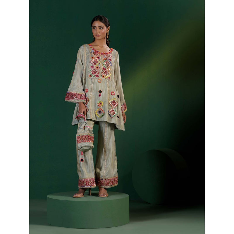 "Two Sisters" by Gyans The Banjara Grey Co-Mirror Thread Zari Embroidery Co-Ord (Set of 3)