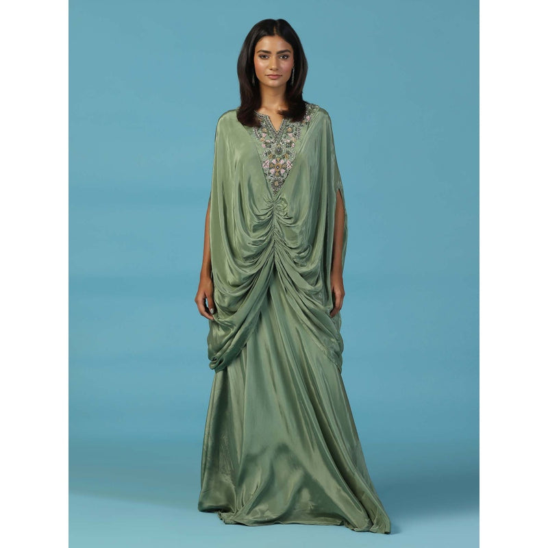 "Two Sisters" by Gyans Green Draped Kaftan Gown With Embroidered Yoke